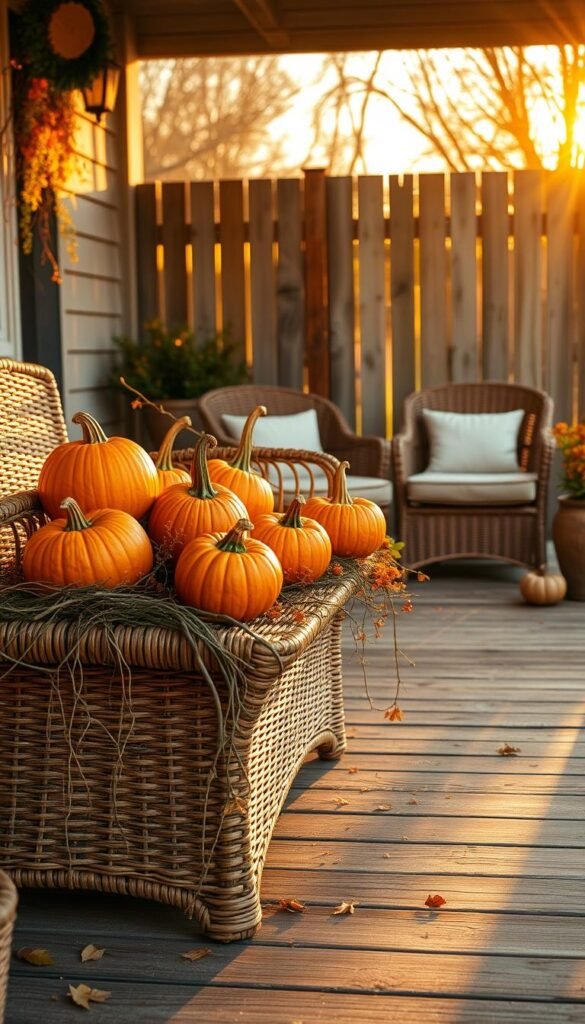 A cozy fall front porch, bathed in warm golden light from a low-angle sunset. In the foreground, a collection of vibrant orange pumpkins sit atop a woven wicker bench, their shapes and textures echoing the textured wood planks of the porch floor. Trailing vines and sprigs of autumn foliage cascade over the bench's edges, adding a lush, natural touch. In the middle ground, a pair of plush, cushioned chairs invite guests to sit and savor the crisp, autumnal atmosphere. The background features a rustic wooden fence, its weathered appearance complementing the overall earthy, organic feel of the scene. The entire composition exudes a sense of warmth, harvest, and the gentle embrace of the changing seasons.