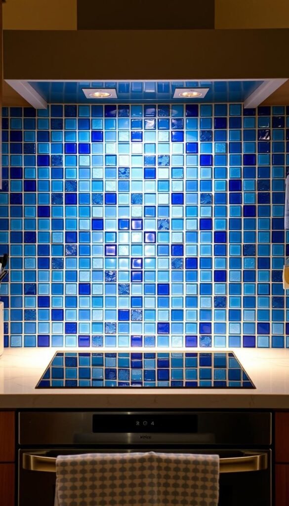 A beautifully designed, high-quality blue kitchen backsplash, featuring a intricate mosaic pattern with varying shades of azure, cobalt, and cerulean. The tiles are arranged in a clean, geometric layout, creating a visually striking and cohesive look. The backsplash is illuminated by soft, warm lighting from above, casting a gentle glow and highlighting the depth and texture of the tiles. The image captures the backsplash in a natural, well-lit kitchen setting, showcasing how this design can elevate the overall aesthetic of a blue-themed kitchen space. A beautifully designed, high-quality blue kitchen backsplash, featuring a intricate mosaic pattern with varying shades of azure, cobalt, and cerulean. The tiles are arranged in a clean, geometric layout, creating a visually striking and cohesive look. The backsplash is illuminated by soft, warm lighting from above, casting a gentle glow and highlighting the depth and texture of the tiles. The image captures the backsplash in a natural, well-lit kitchen setting, showcasing how this design can elevate the overall aesthetic of a blue-themed kitchen space.