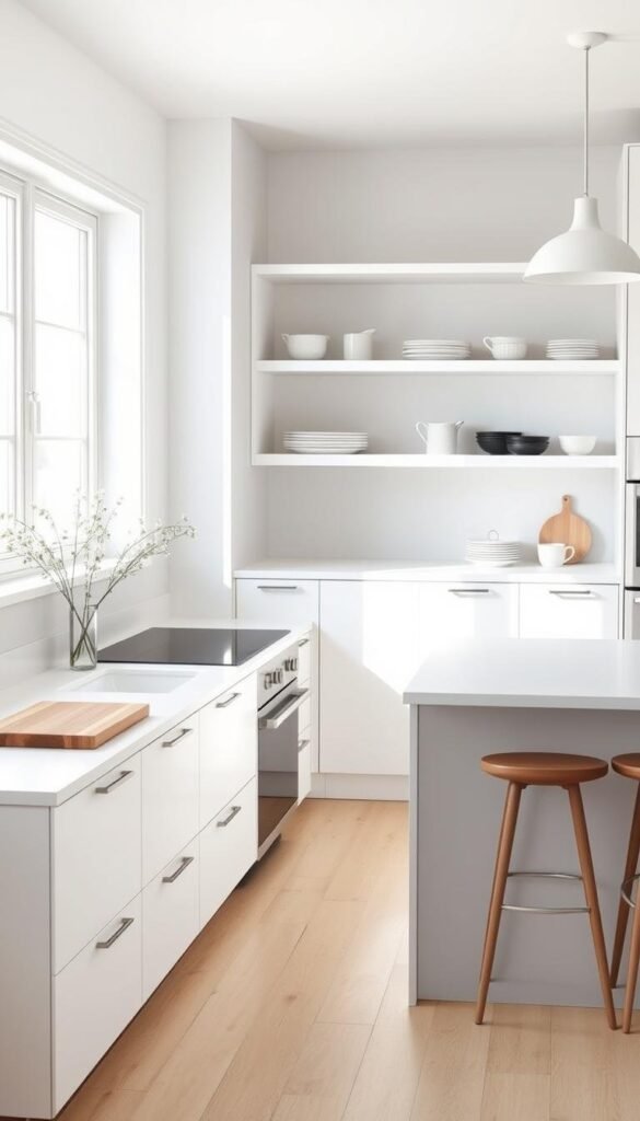 A bright, airy Scandinavian kitchen with clean lines and functional minimalism. A large window floods the space with natural light, casting a warm glow on the pristine white cabinets and countertops. A sleek, integrated cooktop and range hood blend seamlessly into the design. Recessed lighting and a simple pendant fixture provide focused illumination. On the countertop, a wooden chopping board and a vase of fresh flowers add subtle organic touches. The open shelving displays neatly organized cookware and ceramics. The floors are light-colored hardwood, complementing the overall Nordic aesthetic. An ergonomic kitchen island with bar stools offers a casual dining and workspace. The atmosphere is serene, calming, and optimized for efficiency. A bright, airy Scandinavian kitchen with clean lines and functional minimalism. A large window floods the space with natural light, casting a warm glow on the pristine white cabinets and countertops. A sleek, integrated cooktop and range hood blend seamlessly into the design. Recessed lighting and a simple pendant fixture provide focused illumination. On the countertop, a wooden chopping board and a vase of fresh flowers add subtle organic touches. The open shelving displays neatly organized cookware and ceramics. The floors are light-colored hardwood, complementing the overall Nordic aesthetic. An ergonomic kitchen island with bar stools offers a casual dining and workspace. The atmosphere is serene, calming, and optimized for efficiency.
