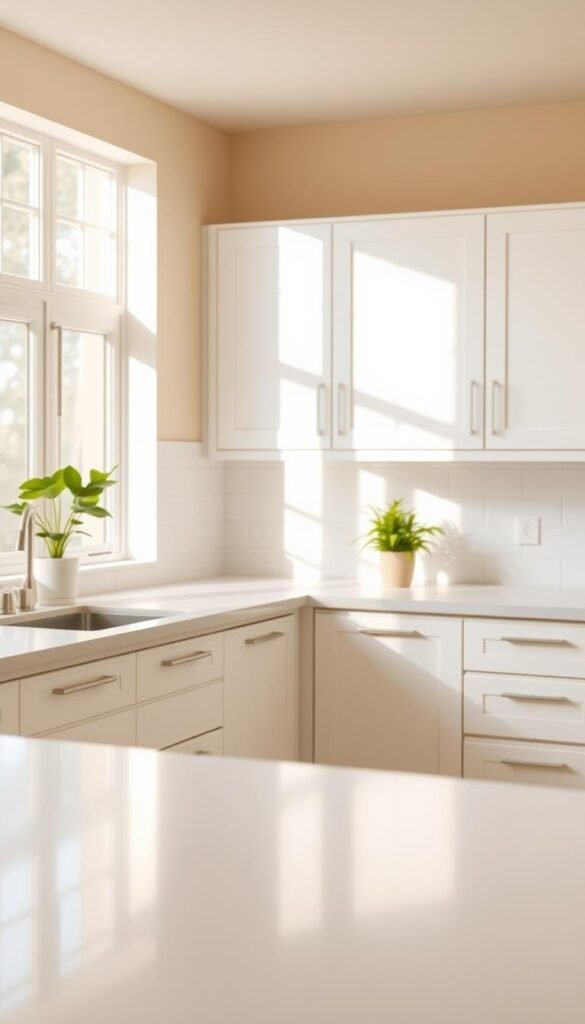 A bright, airy beige kitchen with gleaming countertops and pristine white cabinetry. Diffused natural light floods the space, creating a warm, inviting ambiance. The smooth, uncluttered surfaces are meticulously clean, free of any visible dust or smudges. A couple of potted plants add a touch of greenery, complementing the neutral color palette. The scene is captured from a slightly elevated angle, emphasizing the sense of order and tranquility. The overall mood is one of understated elegance and effortless maintenance, reflecting the harmonious and well-kept nature of this beige kitchen design. A bright, airy beige kitchen with gleaming countertops and pristine white cabinetry. Diffused natural light floods the space, creating a warm, inviting ambiance. The smooth, uncluttered surfaces are meticulously clean, free of any visible dust or smudges. A couple of potted plants add a touch of greenery, complementing the neutral color palette. The scene is captured from a slightly elevated angle, emphasizing the sense of order and tranquility. The overall mood is one of understated elegance and effortless maintenance, reflecting the harmonious and well-kept nature of this beige kitchen design.