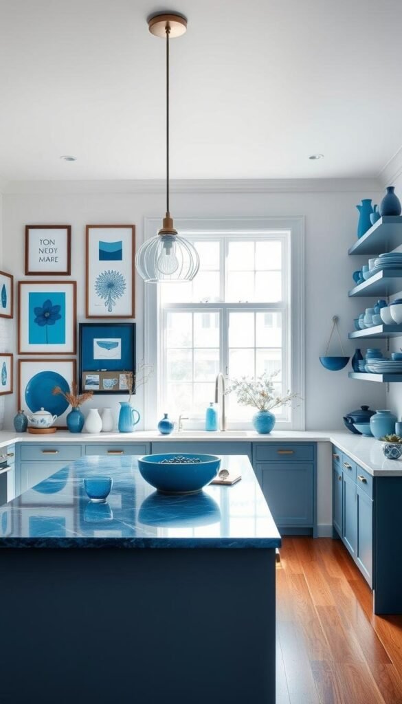 A bright, airy kitchen filled with a variety of blue-toned accessories and decor pieces. In the foreground, a sleek, minimalist kitchen island with a blue marble countertop, accented by modern pendant lights overhead. On the walls, a collection of framed blue-hued artworks and shelves displaying a range of ceramic mugs, bowls, and vases in shades of azure, sapphire, and cerulean. In the background, a large window floods the space with natural light, casting a soft, diffused glow across the scene. The overall mood is one of tranquility and sophistication, showcasing the versatility and beauty of blue in a kitchen setting. A bright, airy kitchen filled with a variety of blue-toned accessories and decor pieces. In the foreground, a sleek, minimalist kitchen island with a blue marble countertop, accented by modern pendant lights overhead. On the walls, a collection of framed blue-hued artworks and shelves displaying a range of ceramic mugs, bowls, and vases in shades of azure, sapphire, and cerulean. In the background, a large window floods the space with natural light, casting a soft, diffused glow across the scene. The overall mood is one of tranquility and sophistication, showcasing the versatility and beauty of blue in a kitchen setting.