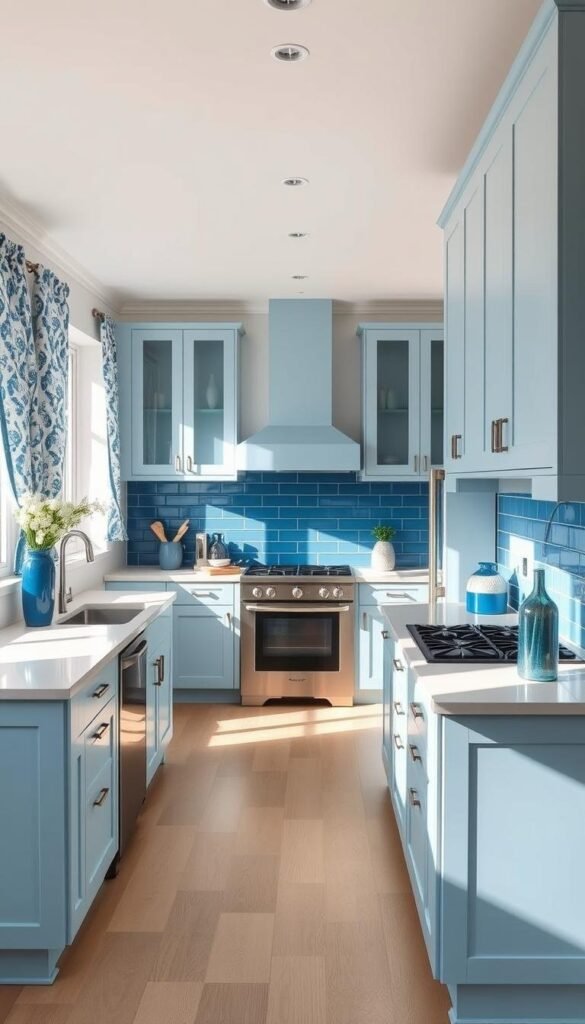 A bright, airy kitchen with a harmonious color palette of various shades of blue. The cabinets are a soft, powder blue, complemented by a deep navy island and accents of cerulean in the backsplash tiles. Sleek, stainless steel appliances and fixtures create a modern, yet warm atmosphere. The natural light filters in through large windows, casting a gentle glow on the space. The flooring is a light, wooden parquet, tying the whole room together. Decorative elements, such as blue-and-white patterned curtains and vases, add visual interest and depth to the cohesive color scheme. A bright, airy kitchen with a harmonious color palette of various shades of blue. The cabinets are a soft, powder blue, complemented by a deep navy island and accents of cerulean in the backsplash tiles. Sleek, stainless steel appliances and fixtures create a modern, yet warm atmosphere. The natural light filters in through large windows, casting a gentle glow on the space. The flooring is a light, wooden parquet, tying the whole room together. Decorative elements, such as blue-and-white patterned curtains and vases, add visual interest and depth to the cohesive color scheme.