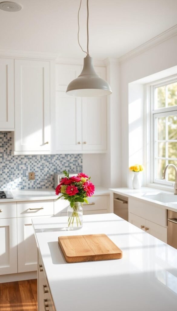 A bright, airy white kitchen with a pop of color from a vibrant floral arrangement on the counter. The sleek, minimalist cabinets and appliances are accentuated by the warm, natural light streaming in through large windows. On the backsplash, a mosaic of blue and white tiles adds a touch of elegance. A modern pendant light fixture hangs above a wooden cutting board, complementing the rustic charm of the space. The overall atmosphere is one of clean, sophisticated style, perfectly balancing the neutral tones with the vibrant accent pieces. A bright, airy white kitchen with a pop of color from a vibrant floral arrangement on the counter. The sleek, minimalist cabinets and appliances are accentuated by the warm, natural light streaming in through large windows. On the backsplash, a mosaic of blue and white tiles adds a touch of elegance. A modern pendant light fixture hangs above a wooden cutting board, complementing the rustic charm of the space. The overall atmosphere is one of clean, sophisticated style, perfectly balancing the neutral tones with the vibrant accent pieces.
