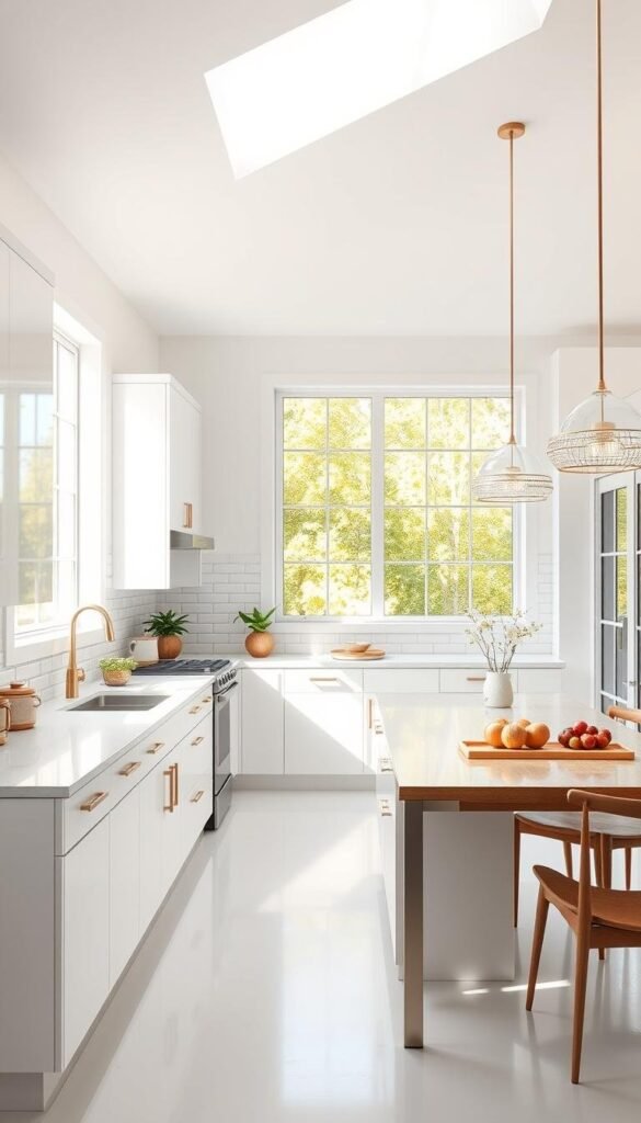 A bright, airy white kitchen with clean lines and minimalist design. Abundant natural light filters through large windows, casting a warm, welcoming glow. Sleek, handleless cabinetry seamlessly blends with quartz countertops, while a subway tile backsplash adds subtle texture. Stainless steel appliances and a modern, energy-efficient lighting system showcase the kitchen's commitment to sustainability. The layout is open and inviting, with a central island providing ample prep space and seating. Carefully selected, eco-friendly materials and finishes, such as bamboo or reclaimed wood accents, highlight the kitchen's environmental consciousness. An overall sense of calming simplicity and harmonious functionality pervades the space. A bright, airy white kitchen with clean lines and minimalist design. Abundant natural light filters through large windows, casting a warm, welcoming glow. Sleek, handleless cabinetry seamlessly blends with quartz countertops, while a subway tile backsplash adds subtle texture. Stainless steel appliances and a modern, energy-efficient lighting system showcase the kitchen's commitment to sustainability. The layout is open and inviting, with a central island providing ample prep space and seating. Carefully selected, eco-friendly materials and finishes, such as bamboo or reclaimed wood accents, highlight the kitchen's environmental consciousness. An overall sense of calming simplicity and harmonious functionality pervades the space.