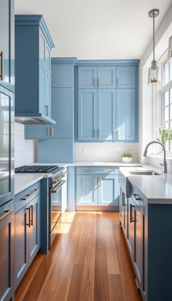 A bright and airy kitchen interior with modern blue cabinets forming the central focus. The cabinets have a subtle sheen, reflecting the natural light filtering in through large windows. Sleek, minimalist hardware adorns the cabinet doors. The backsplash is a complementary white subway tile, creating a clean and cohesive look. The countertops are a light, neutral quartz, providing a seamless transition. Warm hardwood floors and integrated stainless steel appliances complete the high-end, contemporary aesthetic. The overall mood is one of calm sophistication, with a hint of coastal charm. A bright and airy kitchen interior with modern blue cabinets forming the central focus. The cabinets have a subtle sheen, reflecting the natural light filtering in through large windows. Sleek, minimalist hardware adorns the cabinet doors. The backsplash is a complementary white subway tile, creating a clean and cohesive look. The countertops are a light, neutral quartz, providing a seamless transition. Warm hardwood floors and integrated stainless steel appliances complete the high-end, contemporary aesthetic. The overall mood is one of calm sophistication, with a hint of coastal charm.