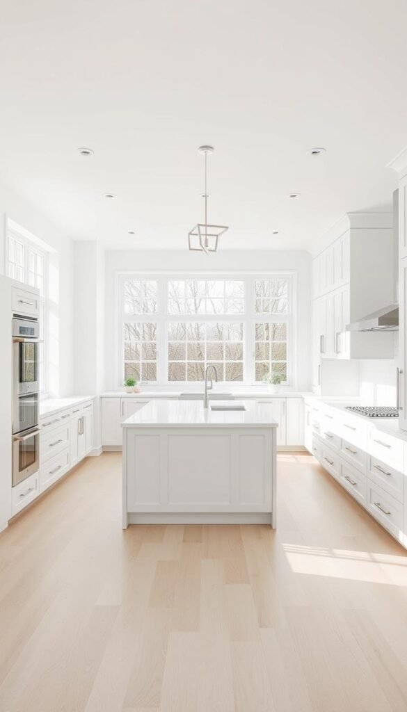 A bright and airy white kitchen with sleek, modern design elements. A large, central island with a pristine white countertop anchors the space, surrounded by minimalist white cabinets and drawers. The room is filled with natural light from large windows, casting a soft, even glow. Stainless steel appliances and hardware provide subtle accents, while a simple, geometric light fixture hovers overhead. The floor is a light, hardwood that complements the overall clean, fresh aesthetic. An atmosphere of timeless elegance and functionality. A bright and airy white kitchen with sleek, modern design elements. A large, central island with a pristine white countertop anchors the space, surrounded by minimalist white cabinets and drawers. The room is filled with natural light from large windows, casting a soft, even glow. Stainless steel appliances and hardware provide subtle accents, while a simple, geometric light fixture hovers overhead. The floor is a light, hardwood that complements the overall clean, fresh aesthetic. An atmosphere of timeless elegance and functionality.