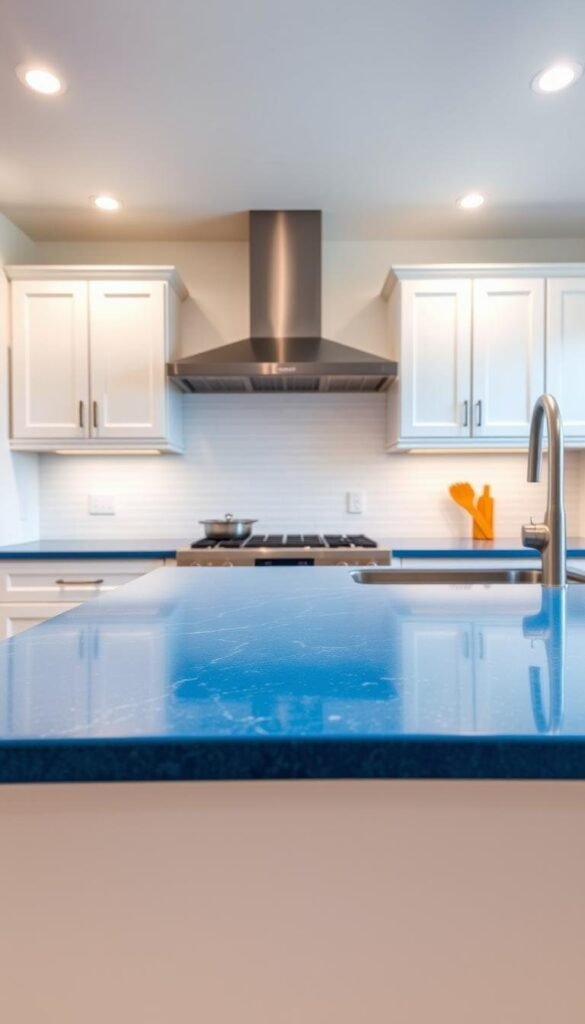 A bright and modern kitchen with sleek, glossy blue quartz countertops that capture the eye. The countertops stretch across the frame, reflecting the soft, even lighting from overhead fixtures. In the background, clean white cabinetry and subway tile backsplash create a crisp, cohesive palette, complementing the bold blue hue. The scene conveys a sense of culinary elegance and sophistication, inviting the viewer to imagine preparing meals in this stylish, functional space. A bright and modern kitchen with sleek, glossy blue quartz countertops that capture the eye. The countertops stretch across the frame, reflecting the soft, even lighting from overhead fixtures. In the background, clean white cabinetry and subway tile backsplash create a crisp, cohesive palette, complementing the bold blue hue. The scene conveys a sense of culinary elegance and sophistication, inviting the viewer to imagine preparing meals in this stylish, functional space.
