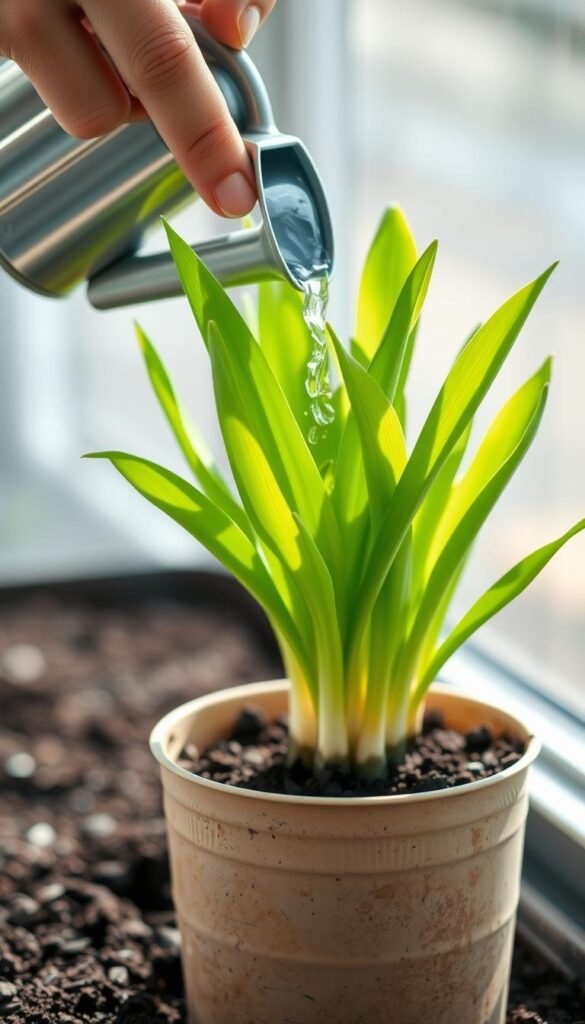 A close-up photograph of a person's hands carefully watering lush, green foliage of a potted bulb plant. The plant is positioned in the foreground, with a soft, blurred background. Soft, natural lighting illuminates the scene, casting gentle shadows. The hands are using a small watering can, pouring water gently and evenly over the soil. The focus is on the act of watering, conveying a sense of attentive care and nurturing. The composition emphasizes the delicacy and importance of this simple, yet essential, gardening task. A close-up photograph of a person's hands carefully watering lush, green foliage of a potted bulb plant. The plant is positioned in the foreground, with a soft, blurred background. Soft, natural lighting illuminates the scene, casting gentle shadows. The hands are using a small watering can, pouring water gently and evenly over the soil. The focus is on the act of watering, conveying a sense of attentive care and nurturing. The composition emphasizes the delicacy and importance of this simple, yet essential, gardening task.