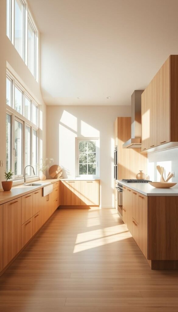 A cozy and inviting beige kitchen, flooded with natural light from large windows. The warm tones of the wood cabinetry and hardwood floors create a harmonious and serene atmosphere. Soft, diffused sunlight pours in, casting gentle shadows and highlighting the natural textures of the space. A modern, minimalist design with clean lines and a calming ambiance, perfect for showcasing the effortless elegance of a beige kitchen. The space is well-organized, with ample counter space and a central island providing a functional and visually pleasing layout. An open and airy feel, enhanced by the natural illumination, invites you to linger and appreciate the beauty of this tranquil culinary haven. A cozy and inviting beige kitchen, flooded with natural light from large windows. The warm tones of the wood cabinetry and hardwood floors create a harmonious and serene atmosphere. Soft, diffused sunlight pours in, casting gentle shadows and highlighting the natural textures of the space. A modern, minimalist design with clean lines and a calming ambiance, perfect for showcasing the effortless elegance of a beige kitchen. The space is well-organized, with ample counter space and a central island providing a functional and visually pleasing layout. An open and airy feel, enhanced by the natural illumination, invites you to linger and appreciate the beauty of this tranquil culinary haven.