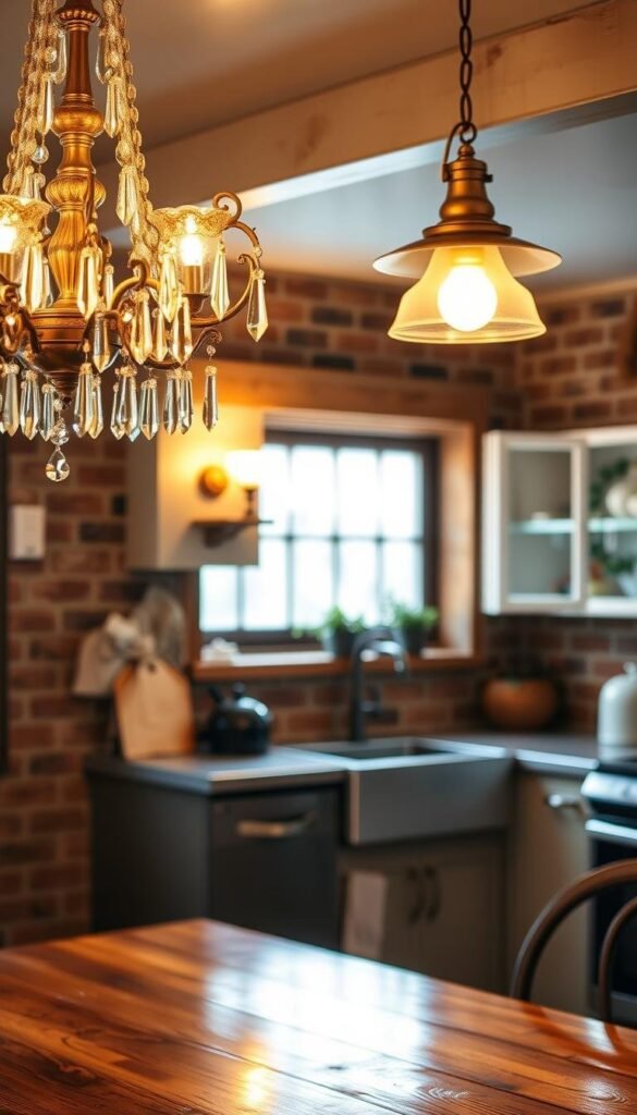 A cozy and well-lit vintage kitchen, featuring a stunning array of traditional lighting fixtures. In the foreground, a pair of ornate brass chandeliers with cascading glass prisms illuminate the wooden kitchen table. The middle ground showcases a wall-mounted sconce with a frosted glass shade, casting a warm glow across the exposed brick walls. In the background, a vintage-inspired pendant light with a bell-shaped metal shade hangs above the kitchen counter, complementing the overall rustic aesthetic. The scene is bathed in a soft, golden light, evoking a timeless and inviting atmosphere perfect for a vintage-inspired kitchen design. A cozy and well-lit vintage kitchen, featuring a stunning array of traditional lighting fixtures. In the foreground, a pair of ornate brass chandeliers with cascading glass prisms illuminate the wooden kitchen table. The middle ground showcases a wall-mounted sconce with a frosted glass shade, casting a warm glow across the exposed brick walls. In the background, a vintage-inspired pendant light with a bell-shaped metal shade hangs above the kitchen counter, complementing the overall rustic aesthetic. The scene is bathed in a soft, golden light, evoking a timeless and inviting atmosphere perfect for a vintage-inspired kitchen design.