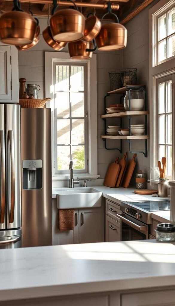 A cozy cottage kitchen filled with modern, energy-efficient appliances in a soft, muted color palette. Gleaming stainless steel refrigerator, sleek induction cooktop, and convection oven with brushed metal accents. Complemented by a farmhouse-style sink, wooden cutting boards, and decorative copper pots hanging overhead. Natural light streams in through large windows, casting a warm glow on the scene. The appliances are seamlessly integrated into the rustic, vintage-inspired cabinetry and shelving, creating a harmonious, inviting atmosphere. A cozy cottage kitchen filled with modern, energy-efficient appliances in a soft, muted color palette. Gleaming stainless steel refrigerator, sleek induction cooktop, and convection oven with brushed metal accents. Complemented by a farmhouse-style sink, wooden cutting boards, and decorative copper pots hanging overhead. Natural light streams in through large windows, casting a warm glow on the scene. The appliances are seamlessly integrated into the rustic, vintage-inspired cabinetry and shelving, creating a harmonious, inviting atmosphere.