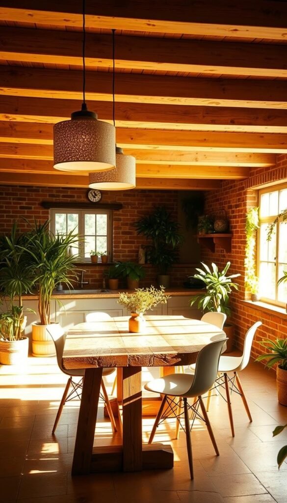 A cozy, earthy kitchen bathed in warm, natural lighting. Soft, golden glow from pendant lamps with textured, ceramic shades casting a gentle ambiance. Exposed wooden beams overhead, complemented by rustic brick walls and earth-toned tiles underfoot. Lush, verdant plants scattered throughout, adding pops of fresh greenery. Sunlight filters in through large windows, illuminating a well-worn, wooden kitchen table surrounded by simple, modern chairs. An inviting, harmonious space that celebrates the beauty of natural materials and elements. A cozy, earthy kitchen bathed in warm, natural lighting. Soft, golden glow from pendant lamps with textured, ceramic shades casting a gentle ambiance. Exposed wooden beams overhead, complemented by rustic brick walls and earth-toned tiles underfoot. Lush, verdant plants scattered throughout, adding pops of fresh greenery. Sunlight filters in through large windows, illuminating a well-worn, wooden kitchen table surrounded by simple, modern chairs. An inviting, harmonious space that celebrates the beauty of natural materials and elements.