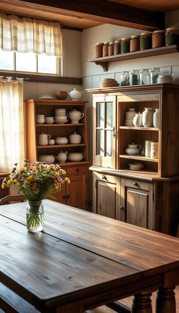 A cozy vintage farmhouse kitchen, bathed in warm natural light filtering through lace curtains. In the foreground, a sturdy oak table with turned legs and a worn farmhouse bench. Atop the table, a vase of freshly picked wildflowers. In the middle ground, a freestanding rustic hutch displaying antique ceramics and jars. The walls are adorned with weathered wooden shelves holding aged cookbooks and mason jars filled with herbs. The overall atmosphere is one of timeless charm and homespun elegance. A cozy vintage farmhouse kitchen, bathed in warm natural light filtering through lace curtains. In the foreground, a sturdy oak table with turned legs and a worn farmhouse bench. Atop the table, a vase of freshly picked wildflowers. In the middle ground, a freestanding rustic hutch displaying antique ceramics and jars. The walls are adorned with weathered wooden shelves holding aged cookbooks and mason jars filled with herbs. The overall atmosphere is one of timeless charm and homespun elegance.