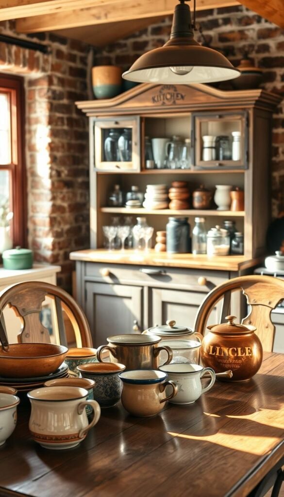 A cozy vintage kitchen setting with a rustic wooden table and chairs, adorned with an assortment of collectible kitchenware. In the foreground, a mix of antique ceramic bowls, enamel mugs, and copper pots are neatly arranged, casting warm reflections under soft, natural lighting filtering through a nearby window. In the middle ground, a weathered wooden hutch displays a collection of vintage glassware, tin canisters, and antique spice jars. The background features exposed brick walls and a pendant lamp with a retro design, creating a charming, timeless ambiance that evokes the spirit of a well-loved, lived-in kitchen. A cozy vintage kitchen setting with a rustic wooden table and chairs, adorned with an assortment of collectible kitchenware. In the foreground, a mix of antique ceramic bowls, enamel mugs, and copper pots are neatly arranged, casting warm reflections under soft, natural lighting filtering through a nearby window. In the middle ground, a weathered wooden hutch displays a collection of vintage glassware, tin canisters, and antique spice jars. The background features exposed brick walls and a pendant lamp with a retro design, creating a charming, timeless ambiance that evokes the spirit of a well-loved, lived-in kitchen.