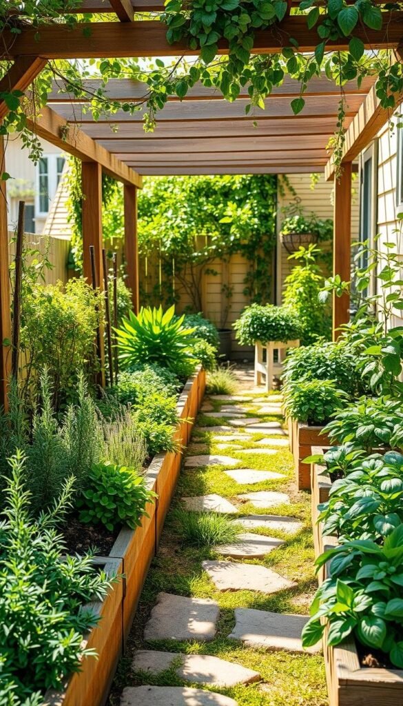 A cozy, well-designed herb garden nestled in a sunlit corner, featuring an array of lush, vibrant greens. The foreground showcases neatly arranged raised garden beds, overflowing with thriving rosemary, thyme, and basil plants. The middle ground presents a charming stone pathway winding through the verdant layout, inviting exploration. In the background, a wooden pergola adorned with cascading vines provides a picturesque backdrop, casting a warm, gentle light over the entire scene. The overall composition radiates a sense of tranquility and invites the viewer to imagine the soothing, earthy scents of the herbs. Crisp, high-resolution, cinematic lighting, and a slightly elevated camera angle to capture the harmonious layout. A cozy, well-designed herb garden nestled in a sunlit corner, featuring an array of lush, vibrant greens. The foreground showcases neatly arranged raised garden beds, overflowing with thriving rosemary, thyme, and basil plants. The middle ground presents a charming stone pathway winding through the verdant layout, inviting exploration. In the background, a wooden pergola adorned with cascading vines provides a picturesque backdrop, casting a warm, gentle light over the entire scene. The overall composition radiates a sense of tranquility and invites the viewer to imagine the soothing, earthy scents of the herbs. Crisp, high-resolution, cinematic lighting, and a slightly elevated camera angle to capture the harmonious layout.