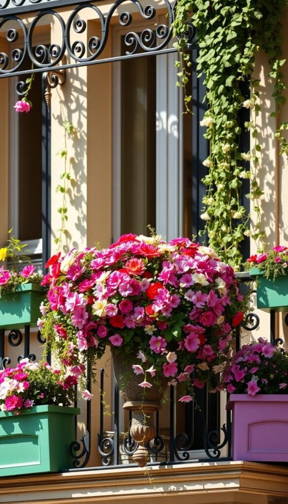 A finely curated balcony oasis, bathed in warm afternoon sunlight. Vibrant flower-filled containers line the ornate wrought-iron railing, cascading with lush blooms in a harmonious color palette. A central planter, overflowing with a kaleidoscope of petals, anchors the scene. Verdant trailing vines and delicate blossoms soften the geometric balustrades, creating an inviting, nature-infused tableau. Planter boxes in complementary hues flank the arrangement, echoing the floral symphony. The interplay of light and shadow lends depth and dimension, highlighting the textures and contours of the blooming display. A tranquil, visually balanced floral haven, brimming with color and life. A finely curated balcony oasis, bathed in warm afternoon sunlight. Vibrant flower-filled containers line the ornate wrought-iron railing, cascading with lush blooms in a harmonious color palette. A central planter, overflowing with a kaleidoscope of petals, anchors the scene. Verdant trailing vines and delicate blossoms soften the geometric balustrades, creating an inviting, nature-infused tableau. Planter boxes in complementary hues flank the arrangement, echoing the floral symphony. The interplay of light and shadow lends depth and dimension, highlighting the textures and contours of the blooming display. A tranquil, visually balanced floral haven, brimming with color and life.