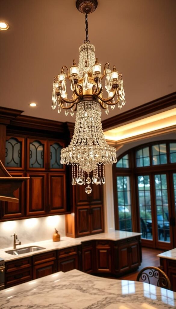 A grand, elegant kitchen with a timeless aesthetic. The foreground features a stunning crystal chandelier, its intricate design casting a warm, ambient glow across the space. In the middle ground, recessed lighting in the ceiling illuminates the rich, wooden cabinetry and marble countertops, creating a sophisticated, inviting atmosphere. In the background, large windows allow natural light to stream in, complementing the carefully curated lighting scheme. The overall effect is one of refined elegance, where form and function seamlessly blend to create a captivating, memorable kitchen design. A grand, elegant kitchen with a timeless aesthetic. The foreground features a stunning crystal chandelier, its intricate design casting a warm, ambient glow across the space. In the middle ground, recessed lighting in the ceiling illuminates the rich, wooden cabinetry and marble countertops, creating a sophisticated, inviting atmosphere. In the background, large windows allow natural light to stream in, complementing the carefully curated lighting scheme. The overall effect is one of refined elegance, where form and function seamlessly blend to create a captivating, memorable kitchen design.