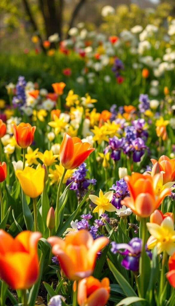 A lush garden bed bursting with vibrant spring flowers. In the foreground, delicate tulips in shades of red, yellow, and purple sway gently in the warm breeze. The middle ground showcases a mix of daffodils, hyacinths, and irises, their petals unfurling towards the sun. In the background, a backdrop of verdant foliage and soft, out-of-focus blossoms creates a sense of depth and tranquility. The lighting is natural and diffused, casting a golden glow over the scene. The camera angle is slightly elevated, allowing the viewer to appreciate the full beauty of the blooming garden. A lush garden bed bursting with vibrant spring flowers. In the foreground, delicate tulips in shades of red, yellow, and purple sway gently in the warm breeze. The middle ground showcases a mix of daffodils, hyacinths, and irises, their petals unfurling towards the sun. In the background, a backdrop of verdant foliage and soft, out-of-focus blossoms creates a sense of depth and tranquility. The lighting is natural and diffused, casting a golden glow over the scene. The camera angle is slightly elevated, allowing the viewer to appreciate the full beauty of the blooming garden.