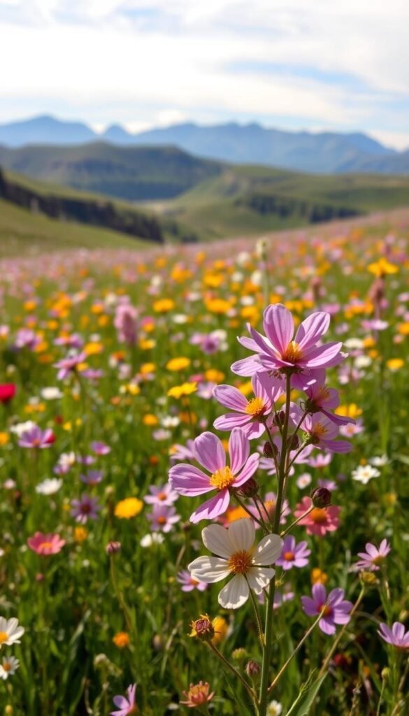 A lush meadow in a national park, carpeted with vibrant spring wildflowers in full bloom. Delicate petals in shades of pink, purple, yellow, and white sway gently in the warm breeze. In the foreground, a cluster of wildflowers stand tall, their petals catching the soft, diffused sunlight filtering through wispy clouds. The middle ground reveals a rolling landscape dotted with more blooms, leading the eye towards distant mountain peaks silhouetted against a clear, azure sky. The overall scene exudes a sense of tranquility and natural beauty, inviting the viewer to immerse themselves in the serene springtime wonder of a national park. A lush meadow in a national park, carpeted with vibrant spring wildflowers in full bloom. Delicate petals in shades of pink, purple, yellow, and white sway gently in the warm breeze. In the foreground, a cluster of wildflowers stand tall, their petals catching the soft, diffused sunlight filtering through wispy clouds. The middle ground reveals a rolling landscape dotted with more blooms, leading the eye towards distant mountain peaks silhouetted against a clear, azure sky. The overall scene exudes a sense of tranquility and natural beauty, inviting the viewer to immerse themselves in the serene springtime wonder of a national park.