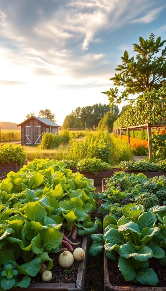A lush, organic vegetable garden laid out in a thoughtful crop rotation system. The foreground showcases various leafy greens, root vegetables, and brassicas thriving in well-tended raised beds. The midground reveals a mix of flowering companion plants and trellised vining crops, creating a vibrant, natural ecosystem. In the background, a wooden shed and a distant tree line frame the scene, bathed in soft, golden late afternoon light filtered through wispy clouds. The overall composition conveys a sense of harmony, productivity, and a deep connection to the rhythms of the natural world. A lush, organic vegetable garden laid out in a thoughtful crop rotation system. The foreground showcases various leafy greens, root vegetables, and brassicas thriving in well-tended raised beds. The midground reveals a mix of flowering companion plants and trellised vining crops, creating a vibrant, natural ecosystem. In the background, a wooden shed and a distant tree line frame the scene, bathed in soft, golden late afternoon light filtered through wispy clouds. The overall composition conveys a sense of harmony, productivity, and a deep connection to the rhythms of the natural world.