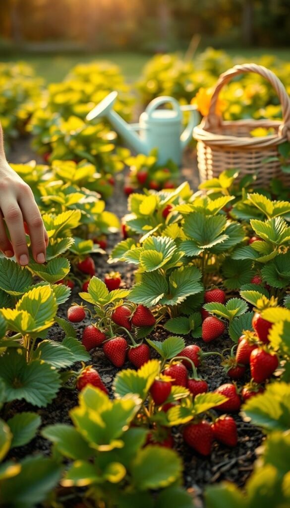 A lush strawberry garden under soft, golden afternoon light. In the foreground, a gardener's hands tenderly apply organic fertilizer to the soil around the plants, nurturing their growth. The vibrant red berries peek out from verdant leaves, promising a bountiful harvest. In the middle ground, a watering can stands ready, while in the background, a wicker basket awaits the future bounty. The scene exudes a sense of care, patience, and the joy of tending to a thriving, homegrown strawberry patch. A lush strawberry garden under soft, golden afternoon light. In the foreground, a gardener's hands tenderly apply organic fertilizer to the soil around the plants, nurturing their growth. The vibrant red berries peek out from verdant leaves, promising a bountiful harvest. In the middle ground, a watering can stands ready, while in the background, a wicker basket awaits the future bounty. The scene exudes a sense of care, patience, and the joy of tending to a thriving, homegrown strawberry patch.