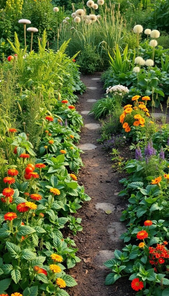 A lush, thriving organic vegetable garden laid out in a visually appealing and functional design. The foreground features a variety of vegetables such as tomatoes, peppers, and leafy greens, interspersed with companion plants like marigolds and nasturtiums to deter pests. The middle ground showcases a well-tended path winding through the garden, bordered by fragrant herbs like rosemary and lavender. In the background, a diverse array of beneficial plants like yarrow, dill, and fennel provide a natural ecosystem for pollinators and predatory insects. Warm, natural lighting casts a soft, inviting glow over the scene, captured from a slightly elevated angle to showcase the thoughtful layout and vibrant, healthy plants. A lush, thriving organic vegetable garden laid out in a visually appealing and functional design. The foreground features a variety of vegetables such as tomatoes, peppers, and leafy greens, interspersed with companion plants like marigolds and nasturtiums to deter pests. The middle ground showcases a well-tended path winding through the garden, bordered by fragrant herbs like rosemary and lavender. In the background, a diverse array of beneficial plants like yarrow, dill, and fennel provide a natural ecosystem for pollinators and predatory insects. Warm, natural lighting casts a soft, inviting glow over the scene, captured from a slightly elevated angle to showcase the thoughtful layout and vibrant, healthy plants.
