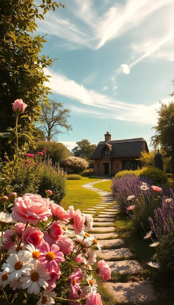 A lush, traditional English cottage garden, basking in warm, golden afternoon light. In the foreground, a vibrant array of classic garden flowers - delicate pink and white roses, cheerful daisies, and clusters of lavender swaying gently in a gentle breeze. The middle ground features a picturesque stone path winding through verdant foliage, leading the eye towards a charming thatched-roof cottage nestled in the background. Wispy clouds dot the soft, azure sky, casting gentle shadows that add depth and dimension to the serene pastoral scene. The overall atmosphere evokes a sense of timeless tranquility and old-world charm. A lush, traditional English cottage garden, basking in warm, golden afternoon light. In the foreground, a vibrant array of classic garden flowers - delicate pink and white roses, cheerful daisies, and clusters of lavender swaying gently in a gentle breeze. The middle ground features a picturesque stone path winding through verdant foliage, leading the eye towards a charming thatched-roof cottage nestled in the background. Wispy clouds dot the soft, azure sky, casting gentle shadows that add depth and dimension to the serene pastoral scene. The overall atmosphere evokes a sense of timeless tranquility and old-world charm.