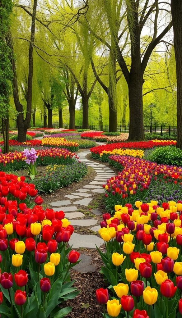 A lush, verdant garden filled with a vibrant display of tulips in full bloom. In the foreground, a carefully curated arrangement of tulips in a variety of colors - crimson, gold, and deep violet - arranged in harmonious patterns. The middle ground features a stone pathway winding through the tulip beds, inviting the viewer to explore. In the background, a row of tall, swaying trees provide a natural canopy, casting a warm, diffused light across the scene. The overall atmosphere is one of tranquility and natural beauty, creating a captivating visual experience that reflects the "Blooming Beauty" of a tulip garden. A lush, verdant garden filled with a vibrant display of tulips in full bloom. In the foreground, a carefully curated arrangement of tulips in a variety of colors - crimson, gold, and deep violet - arranged in harmonious patterns. The middle ground features a stone pathway winding through the tulip beds, inviting the viewer to explore. In the background, a row of tall, swaying trees provide a natural canopy, casting a warm, diffused light across the scene. The overall atmosphere is one of tranquility and natural beauty, creating a captivating visual experience that reflects the "Blooming Beauty" of a tulip garden.