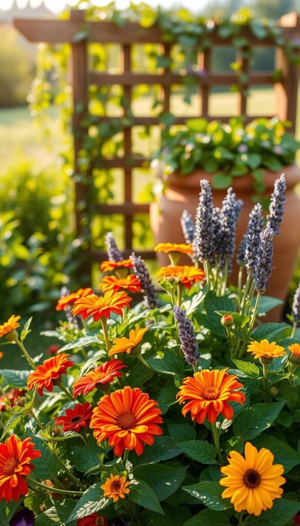 A lush, verdant garden scene bathed in warm, golden sunlight. In the foreground, a cluster of thriving summer plants - vibrant zinnias, cheerful marigolds, and fragrant lavender - showcase their vibrant blooms. Droplets of water glisten on the leaves, evidence of a recent watering. In the middle ground, a terracotta pot overflows with cascading vines and trailing foliage, creating a sense of abundance. The background features a wooden garden trellis, softly blurred, hinting at the larger landscape beyond. The overall composition conveys a sense of tranquility and the nurturing care required to maintain a healthy, flourishing summer garden. A lush, verdant garden scene bathed in warm, golden sunlight. In the foreground, a cluster of thriving summer plants - vibrant zinnias, cheerful marigolds, and fragrant lavender - showcase their vibrant blooms. Droplets of water glisten on the leaves, evidence of a recent watering. In the middle ground, a terracotta pot overflows with cascading vines and trailing foliage, creating a sense of abundance. The background features a wooden garden trellis, softly blurred, hinting at the larger landscape beyond. The overall composition conveys a sense of tranquility and the nurturing care required to maintain a healthy, flourishing summer garden.