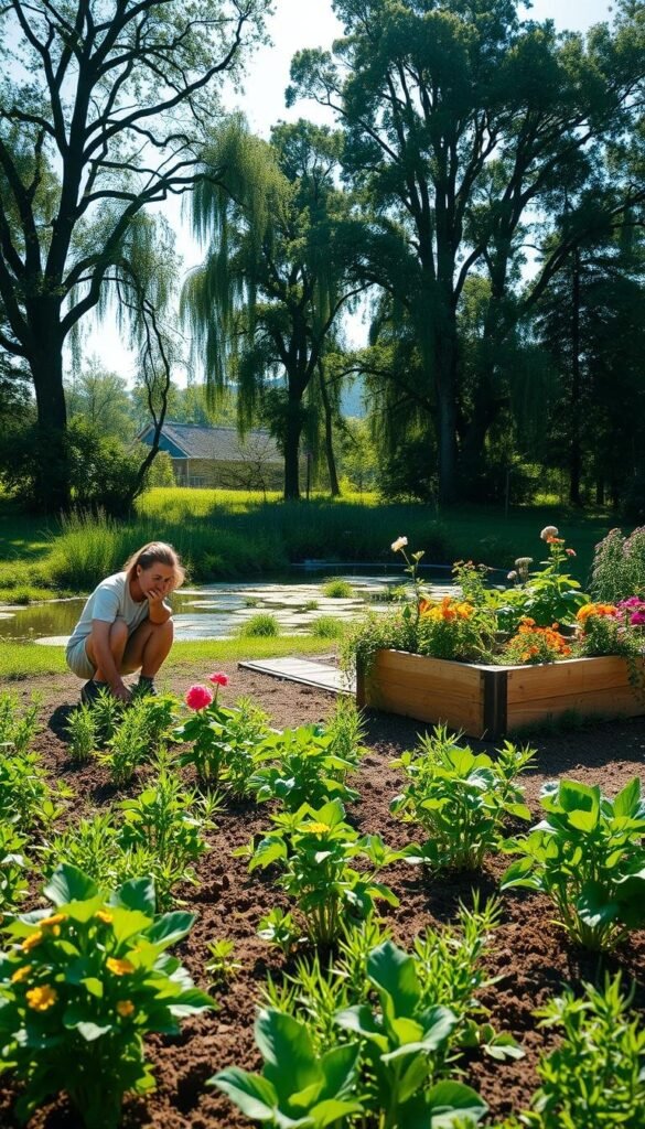 A lush, verdant garden situated in a serene, sun-dappled outdoor setting. In the foreground, a gardener kneels, thoughtfully inspecting the soil, considering optimal placement for a variety of vibrant flowering plants and vegetables. The middle ground features a well-tended raised garden bed, its wooden frame complementing the natural surroundings. In the background, a tranquil pond or stream reflects the sky, while towering trees provide gentle shade and a sense of peaceful seclusion. The lighting is warm and inviting, emphasizing the harmony between the gardener's efforts and the natural environment. An angle that captures the thoughtful decision-making process, highlighting the importance of choosing the right location to start a thriving garden from scratch. A lush, verdant garden situated in a serene, sun-dappled outdoor setting. In the foreground, a gardener kneels, thoughtfully inspecting the soil, considering optimal placement for a variety of vibrant flowering plants and vegetables. The middle ground features a well-tended raised garden bed, its wooden frame complementing the natural surroundings. In the background, a tranquil pond or stream reflects the sky, while towering trees provide gentle shade and a sense of peaceful seclusion. The lighting is warm and inviting, emphasizing the harmony between the gardener's efforts and the natural environment. An angle that captures the thoughtful decision-making process, highlighting the importance of choosing the right location to start a thriving garden from scratch.