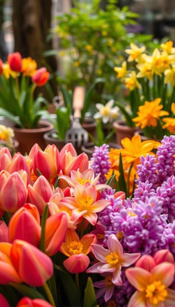 A lush, vibrant close-up showcasing a variety of April's seasonal blooms. In the foreground, delicate petals of vibrant tulips, daffodils, and hyacinths in warm, muted hues fill the frame. The middle ground features potted plants and small garden tools, suggesting a well-tended floral display. The background has a softly blurred, natural setting, with a hint of verdant foliage peeking through. The lighting is soft and diffused, creating a serene, inviting atmosphere that highlights the intricate textures and vibrant colors of the flowers. The overall composition draws the viewer's attention to the captivating details of these lovely April blooms. A lush, vibrant close-up showcasing a variety of April's seasonal blooms. In the foreground, delicate petals of vibrant tulips, daffodils, and hyacinths in warm, muted hues fill the frame. The middle ground features potted plants and small garden tools, suggesting a well-tended floral display. The background has a softly blurred, natural setting, with a hint of verdant foliage peeking through. The lighting is soft and diffused, creating a serene, inviting atmosphere that highlights the intricate textures and vibrant colors of the flowers. The overall composition draws the viewer's attention to the captivating details of these lovely April blooms.
