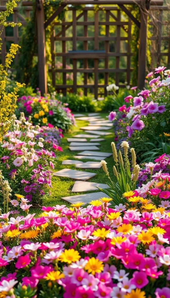 A lush, vibrant spring garden with a colorful flower bed in the foreground. The bed is filled with a harmonious array of blooming flowers in various hues of pink, purple, yellow, and white. The flowers are arranged in a visually appealing, organic layout, creating a sense of natural beauty. The middle ground features a stone pathway winding through the garden, surrounded by verdant foliage. In the background, a wooden fence or trellis provides a natural backdrop, framing the scene. Soft, warm lighting casts a gentle glow over the entire composition, evoking a serene, inviting atmosphere. The overall image conveys a dream-like, tranquil vision of an idyllic spring garden design. A lush, vibrant spring garden with a colorful flower bed in the foreground. The bed is filled with a harmonious array of blooming flowers in various hues of pink, purple, yellow, and white. The flowers are arranged in a visually appealing, organic layout, creating a sense of natural beauty. The middle ground features a stone pathway winding through the garden, surrounded by verdant foliage. In the background, a wooden fence or trellis provides a natural backdrop, framing the scene. Soft, warm lighting casts a gentle glow over the entire composition, evoking a serene, inviting atmosphere. The overall image conveys a dream-like, tranquil vision of an idyllic spring garden design.