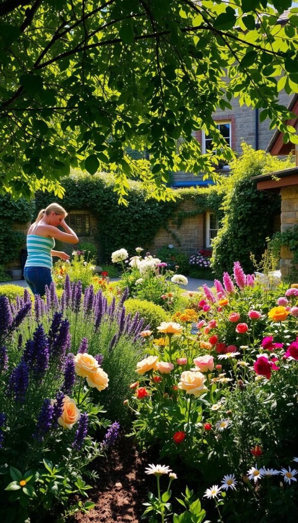 A lush, well-maintained cottage garden filled with an abundance of vibrant blooms and lush foliage. In the foreground, a gardener tending to the plants, pruning and weeding with gentle, skilled hands. Dappled sunlight filters through the canopy of overhanging trees, casting a warm, golden glow across the scene. The middle ground features a diverse array of cottage-style flowers, including delicate lavender, fragrant roses, and cheerful daisies, all thriving in the well-tended soil. In the background, a quaint, ivy-covered stone wall frames the idyllic setting, hinting at the charming character of the surrounding cottage. The overall atmosphere is one of peaceful tranquility and the pride of a gardener's hard work. A lush, well-maintained cottage garden filled with an abundance of vibrant blooms and lush foliage. In the foreground, a gardener tending to the plants, pruning and weeding with gentle, skilled hands. Dappled sunlight filters through the canopy of overhanging trees, casting a warm, golden glow across the scene. The middle ground features a diverse array of cottage-style flowers, including delicate lavender, fragrant roses, and cheerful daisies, all thriving in the well-tended soil. In the background, a quaint, ivy-covered stone wall frames the idyllic setting, hinting at the charming character of the surrounding cottage. The overall atmosphere is one of peaceful tranquility and the pride of a gardener's hard work.