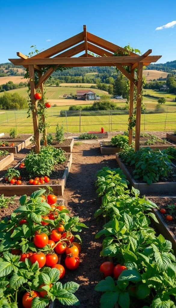 A lush, well-organized veggie garden layout, with neatly arranged raised beds and pathways. The foreground features a variety of healthy, vibrant veggies such as tomatoes, peppers, leafy greens, and root vegetables, all thriving in the sun-dappled soil. In the middle ground, a charming wooden garden arbor serves as a focal point, its structure adorned with climbing vines. The background showcases a picturesque rural landscape, with rolling hills, a distant farmhouse, and a cloudless blue sky. The scene is captured with a wide-angle lens, creating a sense of depth and inviting the viewer to step into this idyllic vegetable garden oasis. The overall mood is one of tranquility, abundance, and a deep connection to the natural world. A lush, well-organized veggie garden layout, with neatly arranged raised beds and pathways. The foreground features a variety of healthy, vibrant veggies such as tomatoes, peppers, leafy greens, and root vegetables, all thriving in the sun-dappled soil. In the middle ground, a charming wooden garden arbor serves as a focal point, its structure adorned with climbing vines. The background showcases a picturesque rural landscape, with rolling hills, a distant farmhouse, and a cloudless blue sky. The scene is captured with a wide-angle lens, creating a sense of depth and inviting the viewer to step into this idyllic vegetable garden oasis. The overall mood is one of tranquility, abundance, and a deep connection to the natural world.