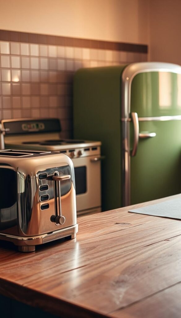 A meticulously arranged collection of vintage kitchen appliances, bathed in warm, soft lighting. In the foreground, a gleaming chrome toaster and a retro-style coffee maker sit atop a distressed wooden countertop. In the middle ground, a classic avocado-green oven and a chrome-trimmed refrigerator stand side by side, their surfaces reflecting the hazy glow of the scene. The background features a tiled backsplash in muted shades of white and gray, complementing the timeless aesthetic. The overall atmosphere evokes a sense of nostalgia and a bygone era of craftsmanship and attention to detail. A meticulously arranged collection of vintage kitchen appliances, bathed in warm, soft lighting. In the foreground, a gleaming chrome toaster and a retro-style coffee maker sit atop a distressed wooden countertop. In the middle ground, a classic avocado-green oven and a chrome-trimmed refrigerator stand side by side, their surfaces reflecting the hazy glow of the scene. The background features a tiled backsplash in muted shades of white and gray, complementing the timeless aesthetic. The overall atmosphere evokes a sense of nostalgia and a bygone era of craftsmanship and attention to detail.