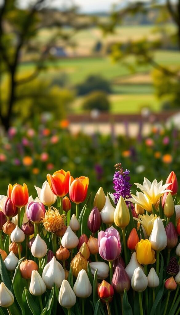 A meticulously arranged display of various bulb types against a softly blurred, natural background. In the foreground, a diverse collection of bulbs in different shapes, sizes, and colors - tulips, daffodils, hyacinths, and lilies - stands out in crisp detail, illuminated by warm, directional lighting that casts subtle shadows. The middle ground features lush, verdant foliage, hinting at the ideal growing conditions for these bulb flowers. The background blends seamlessly into a serene, pastoral landscape, suggesting the perfect setting for cultivating a stunning bulb garden. The overall composition conveys a sense of harmony, showcasing the beauty and variety of these captivating bulb flower types. A meticulously arranged display of various bulb types against a softly blurred, natural background. In the foreground, a diverse collection of bulbs in different shapes, sizes, and colors - tulips, daffodils, hyacinths, and lilies - stands out in crisp detail, illuminated by warm, directional lighting that casts subtle shadows. The middle ground features lush, verdant foliage, hinting at the ideal growing conditions for these bulb flowers. The background blends seamlessly into a serene, pastoral landscape, suggesting the perfect setting for cultivating a stunning bulb garden. The overall composition conveys a sense of harmony, showcasing the beauty and variety of these captivating bulb flower types.