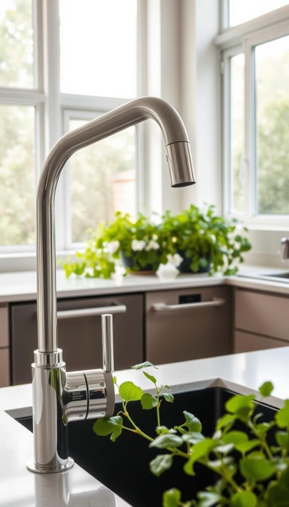 A minimalist, modern kitchen showcasing water conservation features. In the foreground, a sleek faucet with a low-flow aerator. The middle ground features a water-efficient dishwasher and a sink with a deep basin and a matte black finish. In the background, a lush, verdant indoor herb garden thrives, its leafy tendrils cascading over the countertop. Natural light filters in through large windows, illuminating the space with a soft, warm glow. The overall atmosphere is one of calm, understated elegance, reflecting a commitment to sustainable living. A minimalist, modern kitchen showcasing water conservation features. In the foreground, a sleek faucet with a low-flow aerator. The middle ground features a water-efficient dishwasher and a sink with a deep basin and a matte black finish. In the background, a lush, verdant indoor herb garden thrives, its leafy tendrils cascading over the countertop. Natural light filters in through large windows, illuminating the space with a soft, warm glow. The overall atmosphere is one of calm, understated elegance, reflecting a commitment to sustainable living.