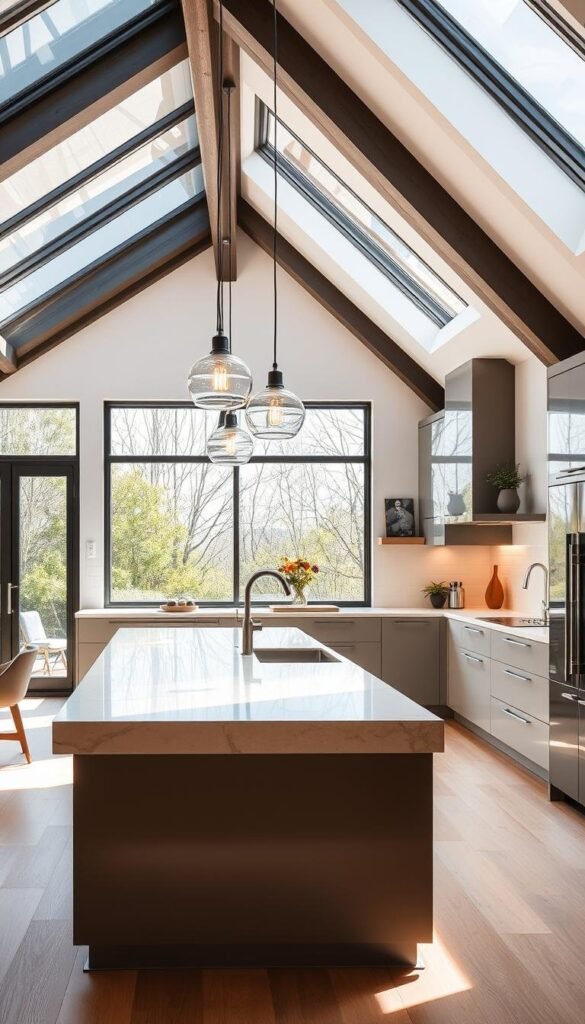 A modern and sleek kitchen island with a minimalist design, featuring a smooth marble or quartz countertop and a clean, streamlined silhouette. The island is illuminated by a series of pendant lights, casting a warm and inviting glow over the space. The kitchen is bathed in natural light, flooding in through large windows or skylights, creating a bright and airy atmosphere. The island is positioned as the central focal point, seamlessly integrated into the overall kitchen layout and complementing the surrounding cabinetry and appliances. The scene conveys a sense of functionality, sophistication, and timeless elegance. A modern and sleek kitchen island with a minimalist design, featuring a smooth marble or quartz countertop and a clean, streamlined silhouette. The island is illuminated by a series of pendant lights, casting a warm and inviting glow over the space. The kitchen is bathed in natural light, flooding in through large windows or skylights, creating a bright and airy atmosphere. The island is positioned as the central focal point, seamlessly integrated into the overall kitchen layout and complementing the surrounding cabinetry and appliances. The scene conveys a sense of functionality, sophistication, and timeless elegance.
