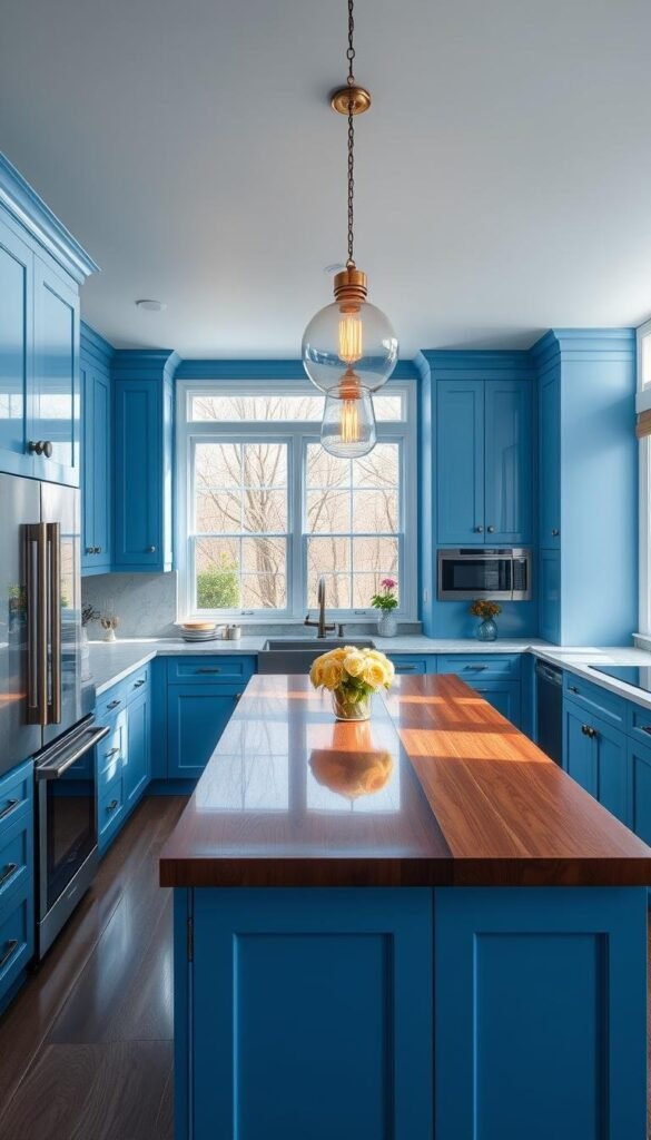 A modern, bright blue kitchen with clean lines and minimalist design. The cabinets feature a soft, muted blue hue that catches the natural light streaming in through large windows, casting a serene, calming atmosphere. Sleek stainless steel appliances and a marble countertop provide a striking contrast, while a central island with a wooden top offers additional prep space. Pendant lights hang overhead, casting a warm glow and highlighting the kitchen's elegant, sophisticated aesthetic. The overall impression is one of tranquility and refined style, perfectly capturing the allure of blue in kitchen design. A modern, bright blue kitchen with clean lines and minimalist design. The cabinets feature a soft, muted blue hue that catches the natural light streaming in through large windows, casting a serene, calming atmosphere. Sleek stainless steel appliances and a marble countertop provide a striking contrast, while a central island with a wooden top offers additional prep space. Pendant lights hang overhead, casting a warm glow and highlighting the kitchen's elegant, sophisticated aesthetic. The overall impression is one of tranquility and refined style, perfectly capturing the allure of blue in kitchen design.