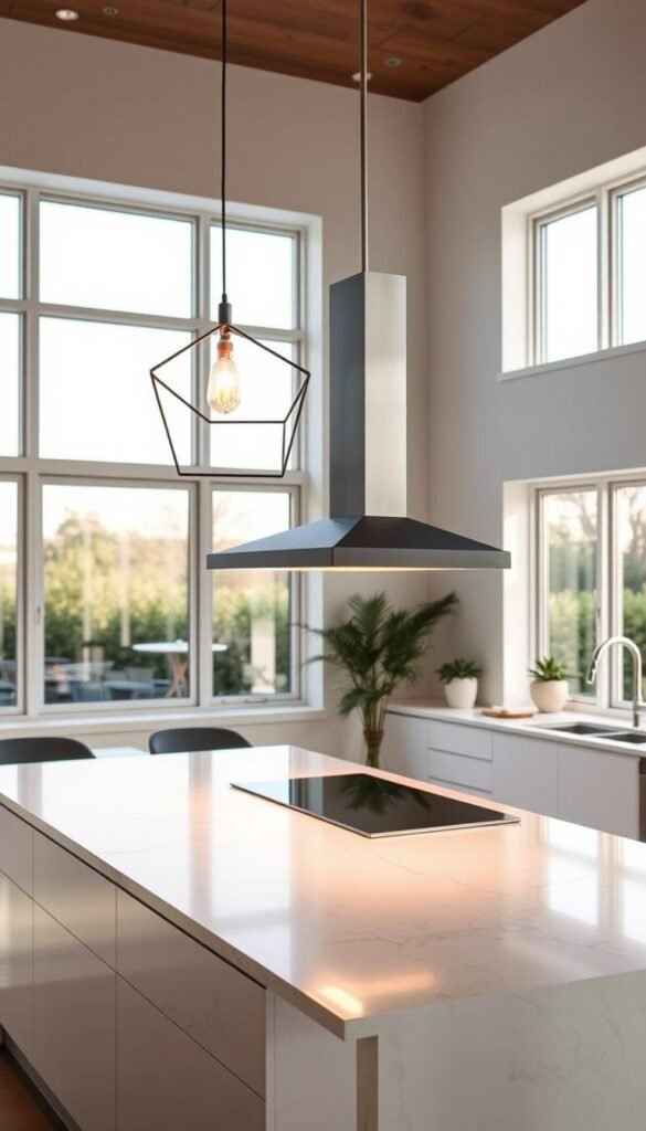 A modern, minimalist kitchen island with a sleek, pendant lighting fixture suspended above. The pendant light features a simple, geometric design with a metallic finish that casts a warm, ambient glow across the island's quartz countertop. The kitchen is bathed in natural light from large windows, creating a bright and airy atmosphere. The pendant light is positioned centrally over the island, providing ample illumination for meal preparation and casual dining. The overall scene conveys a sense of contemporary elegance and sophisticated functionality. A modern, minimalist kitchen island with a sleek, pendant lighting fixture suspended above. The pendant light features a simple, geometric design with a metallic finish that casts a warm, ambient glow across the island's quartz countertop. The kitchen is bathed in natural light from large windows, creating a bright and airy atmosphere. The pendant light is positioned centrally over the island, providing ample illumination for meal preparation and casual dining. The overall scene conveys a sense of contemporary elegance and sophisticated functionality.