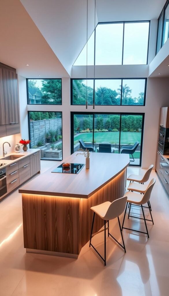 A modern, sophisticated kitchen island with a sleek, minimalist design, featuring a large, rectangular countertop in a light, natural wood tone. The island is positioned in the center of the kitchen, with comfortable, ergonomic stools neatly arranged around it, inviting guests to gather and converse. The lighting above the island is soft and ambient, creating a warm, welcoming atmosphere. The kitchen is filled with natural light, streaming in through large windows that overlook a beautifully landscaped outdoor space. The overall mood is one of elegance, functionality, and contemporary style. A modern, sophisticated kitchen island with a sleek, minimalist design, featuring a large, rectangular countertop in a light, natural wood tone. The island is positioned in the center of the kitchen, with comfortable, ergonomic stools neatly arranged around it, inviting guests to gather and converse. The lighting above the island is soft and ambient, creating a warm, welcoming atmosphere. The kitchen is filled with natural light, streaming in through large windows that overlook a beautifully landscaped outdoor space. The overall mood is one of elegance, functionality, and contemporary style.