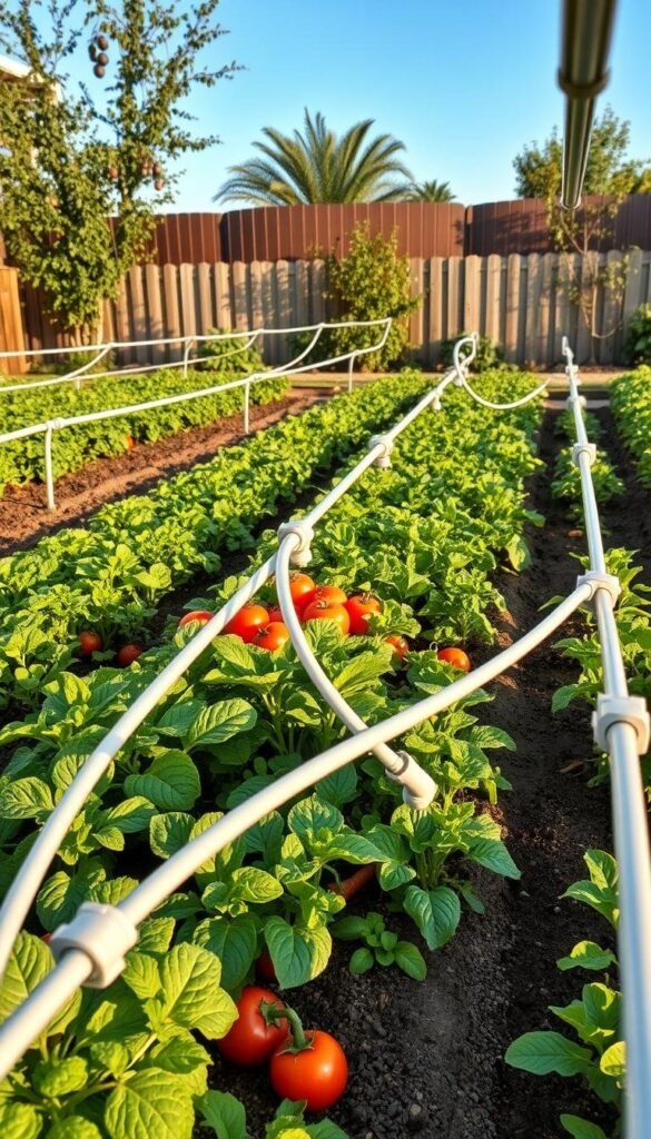 A neatly organized backyard vegetable garden, with rows of lush greens and vibrant vegetables. In the foreground, an intricate drip irrigation system winds through the beds, with sleek modern pipes and strategically placed nozzles. The middle ground features a variety of produce, including tomatoes, peppers, carrots, and leafy greens, all thriving under the warm afternoon sunlight. In the background, a wooden fence and a few fruit trees create a peaceful, rustic ambiance. The scene is captured with a wide-angle lens, emphasizing the efficient layout and the harmonious integration of the irrigation setup within the garden. An atmosphere of productivity and environmental sustainability permeates the image. A neatly organized backyard vegetable garden, with rows of lush greens and vibrant vegetables. In the foreground, an intricate drip irrigation system winds through the beds, with sleek modern pipes and strategically placed nozzles. The middle ground features a variety of produce, including tomatoes, peppers, carrots, and leafy greens, all thriving under the warm afternoon sunlight. In the background, a wooden fence and a few fruit trees create a peaceful, rustic ambiance. The scene is captured with a wide-angle lens, emphasizing the efficient layout and the harmonious integration of the irrigation setup within the garden. An atmosphere of productivity and environmental sustainability permeates the image.