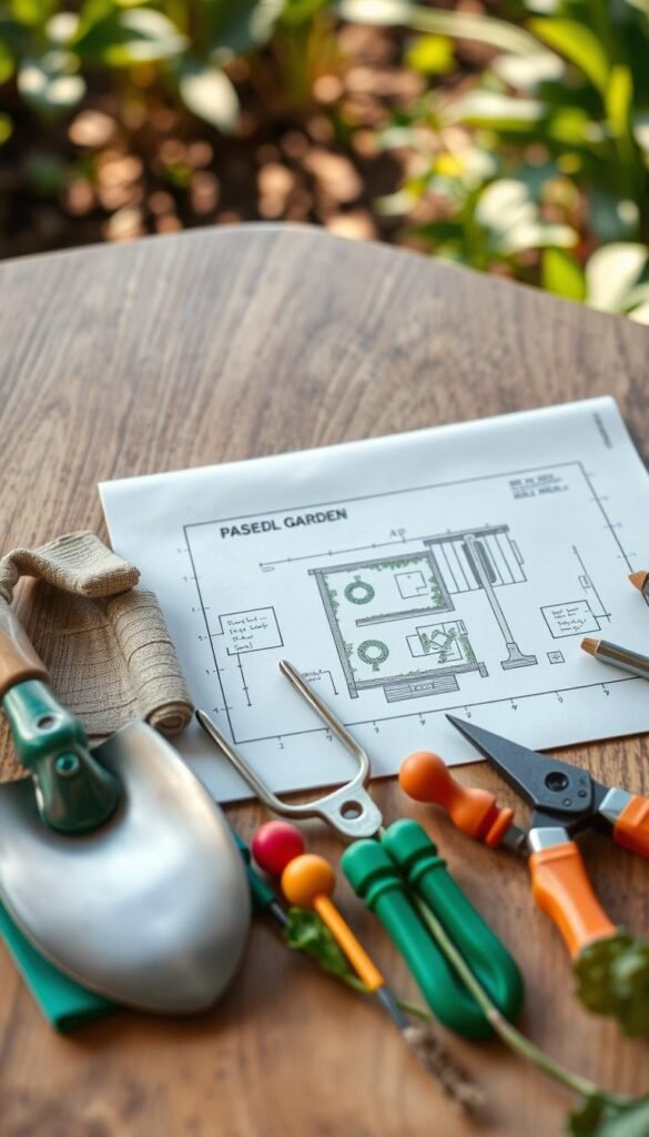 A neatly organized garden planning toolkit resting on a wooden surface. Foreground features a variety of essential tools including trowel, hand fork, pruners, garden markers, and a small notebook. Mid-ground showcases a blueprint or sketch of a small vegetable garden layout with raised beds and pathways. Background has soft natural lighting, with hints of lush greenery peeking in from the edges, creating a serene and inspiring atmosphere for planning the perfect veggie garden. A neatly organized garden planning toolkit resting on a wooden surface. Foreground features a variety of essential tools including trowel, hand fork, pruners, garden markers, and a small notebook. Mid-ground showcases a blueprint or sketch of a small vegetable garden layout with raised beds and pathways. Background has soft natural lighting, with hints of lush greenery peeking in from the edges, creating a serene and inspiring atmosphere for planning the perfect veggie garden.