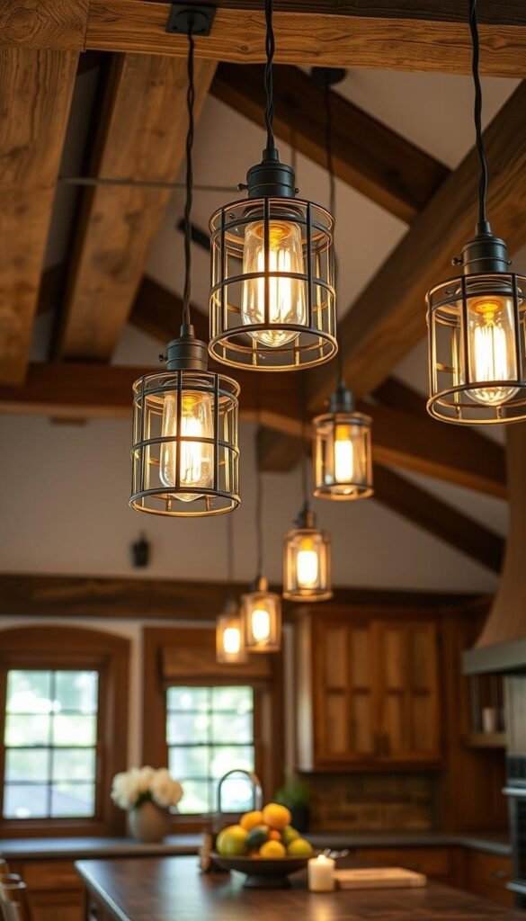 A rustic kitchen with a modern twist, featuring pendant lights that cast a warm, inviting glow. The lighting fixtures have a distressed metal frame, complementing the exposed beams and wooden cabinetry. The pendant lights are arranged in a linear pattern, creating a focal point above the central island. The kitchen is bathed in a soft, natural light, with the pendant lights providing a subtle ambient illumination. The overall atmosphere is cozy and welcoming, with the rustic elements blending seamlessly with the modern design. A rustic kitchen with a modern twist, featuring pendant lights that cast a warm, inviting glow. The lighting fixtures have a distressed metal frame, complementing the exposed beams and wooden cabinetry. The pendant lights are arranged in a linear pattern, creating a focal point above the central island. The kitchen is bathed in a soft, natural light, with the pendant lights providing a subtle ambient illumination. The overall atmosphere is cozy and welcoming, with the rustic elements blending seamlessly with the modern design.
