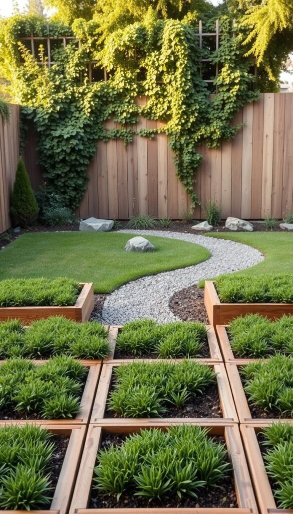 A simple, minimalist garden layout with clean lines and a harmonious composition. In the foreground, a neatly arranged grid of raised garden beds, their wooden frames contrasting with the lush, verdant soil. In the middle ground, a winding gravel path leads the eye through the space, flanked by low-growing groundcover plants and strategically placed boulders. The background features a wooden fence or trellis, partially obscured by the lush foliage of climbing vines, creating a sense of depth and enclosure. The scene is bathed in warm, soft lighting, lending a serene, contemplative atmosphere. The overall impression is one of a well-organized, thoughtfully designed garden, inviting the viewer to imagine the possibilities of their own outdoor sanctuary. A simple, minimalist garden layout with clean lines and a harmonious composition. In the foreground, a neatly arranged grid of raised garden beds, their wooden frames contrasting with the lush, verdant soil. In the middle ground, a winding gravel path leads the eye through the space, flanked by low-growing groundcover plants and strategically placed boulders. The background features a wooden fence or trellis, partially obscured by the lush foliage of climbing vines, creating a sense of depth and enclosure. The scene is bathed in warm, soft lighting, lending a serene, contemplative atmosphere. The overall impression is one of a well-organized, thoughtfully designed garden, inviting the viewer to imagine the possibilities of their own outdoor sanctuary.