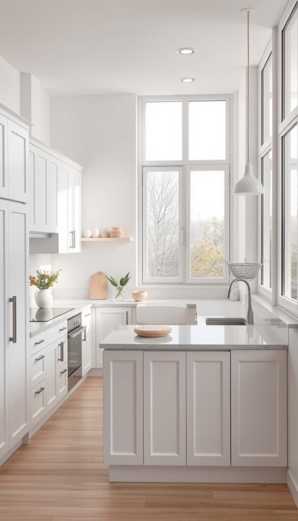 A stylish and airy small kitchen with a light color palette. The space features clean white cabinetry, pale wood accents, and a bright marble countertop. Subtle pops of pastel colors in the accessories add visual interest. Large windows flood the room with natural light, creating an open and welcoming atmosphere. Subtle pendant lighting casts a warm glow over the minimalist design. The layout is efficient, with ample storage and a compact island providing additional workspace. The overall impression is one of understated elegance and effortless functionality. A stylish and airy small kitchen with a light color palette. The space features clean white cabinetry, pale wood accents, and a bright marble countertop. Subtle pops of pastel colors in the accessories add visual interest. Large windows flood the room with natural light, creating an open and welcoming atmosphere. Subtle pendant lighting casts a warm glow over the minimalist design. The layout is efficient, with ample storage and a compact island providing additional workspace. The overall impression is one of understated elegance and effortless functionality.