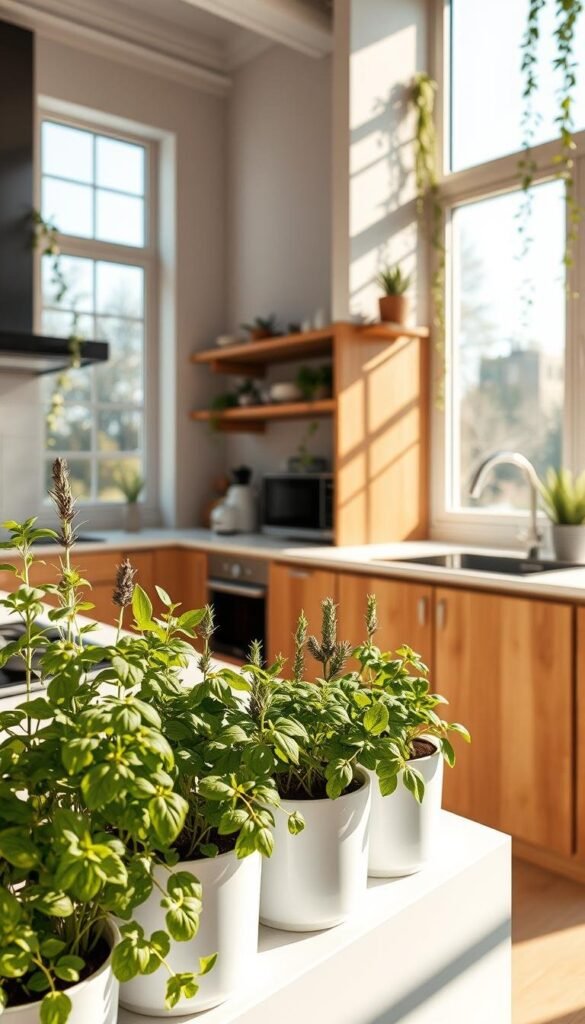 A stylish small kitchen, flooded with warm, natural light from large windows. The foreground features a lush, thriving herb garden on the windowsill, with fragrant basil, rosemary, and lavender plants in sleek ceramic pots. The middle ground showcases a minimalist, wood-and-white kitchen design, with clean lines and modern appliances. In the background, potted succulents and trailing vines cascade from high shelves, adding pops of greenery to the otherwise monochromatic palette. The overall atmosphere is one of freshness, tranquility, and a seamless blend of nature and modern design. A stylish small kitchen, flooded with warm, natural light from large windows. The foreground features a lush, thriving herb garden on the windowsill, with fragrant basil, rosemary, and lavender plants in sleek ceramic pots. The middle ground showcases a minimalist, wood-and-white kitchen design, with clean lines and modern appliances. In the background, potted succulents and trailing vines cascade from high shelves, adding pops of greenery to the otherwise monochromatic palette. The overall atmosphere is one of freshness, tranquility, and a seamless blend of nature and modern design.