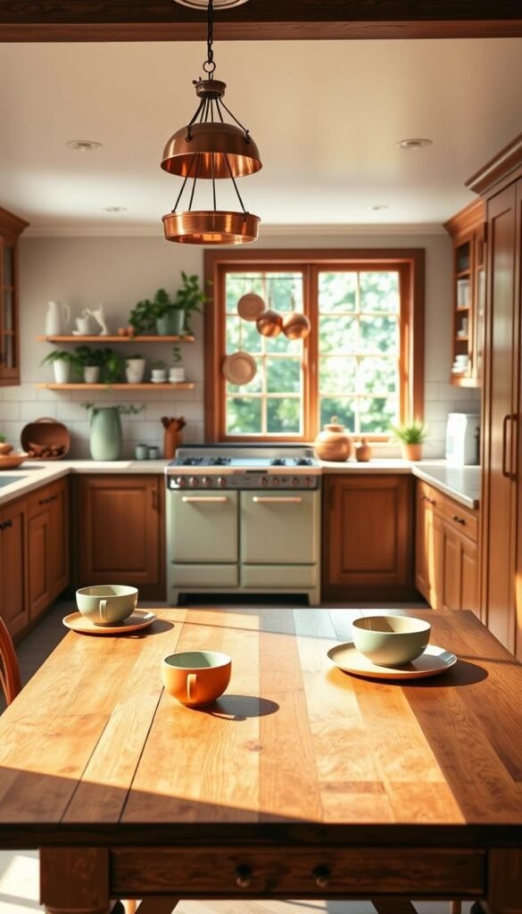 A sunny, well-lit vintage kitchen with classic tiled floors, wood cabinetry, and a timeless color palette of warm, muted tones. In the foreground, a farmhouse-style wooden table is set with retro dinnerware in shades of ochre, sage, and dusty rose. The middle ground features a sleek vintage stove and a hanging copper pot rack, while the background showcases a large window overlooking a lush garden. Soft, diffused lighting casts a cozy, nostalgic atmosphere, highlighting the attention to detail and craftsmanship that embodies the charm of a well-designed, period-inspired kitchen. A sunny, well-lit vintage kitchen with classic tiled floors, wood cabinetry, and a timeless color palette of warm, muted tones. In the foreground, a farmhouse-style wooden table is set with retro dinnerware in shades of ochre, sage, and dusty rose. The middle ground features a sleek vintage stove and a hanging copper pot rack, while the background showcases a large window overlooking a lush garden. Soft, diffused lighting casts a cozy, nostalgic atmosphere, highlighting the attention to detail and craftsmanship that embodies the charm of a well-designed, period-inspired kitchen.
