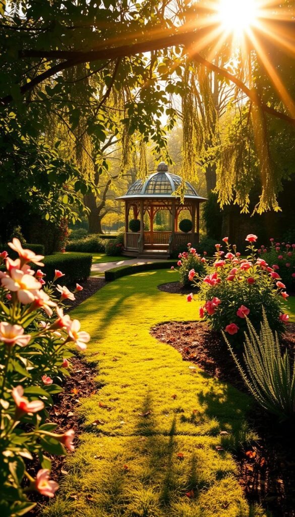 A tranquil garden scene, bathed in the warm glow of golden sunlight filtering through lush foliage. A winding path leads the eye into the frame, flanked by vibrant blooms and verdant plants. In the foreground, delicate petals dance in the gentle breeze, casting playful shadows on the ground. The middle ground reveals a serene sitting area, inviting contemplation under the dappled light. In the distance, a picturesque gazebo stands as a focal point, its ornate structure complementing the natural beauty surrounding it. The overall atmosphere evokes a sense of peaceful harmony, inviting the viewer to imagine the perfect spot to cultivate a thriving spring garden. A tranquil garden scene, bathed in the warm glow of golden sunlight filtering through lush foliage. A winding path leads the eye into the frame, flanked by vibrant blooms and verdant plants. In the foreground, delicate petals dance in the gentle breeze, casting playful shadows on the ground. The middle ground reveals a serene sitting area, inviting contemplation under the dappled light. In the distance, a picturesque gazebo stands as a focal point, its ornate structure complementing the natural beauty surrounding it. The overall atmosphere evokes a sense of peaceful harmony, inviting the viewer to imagine the perfect spot to cultivate a thriving spring garden.