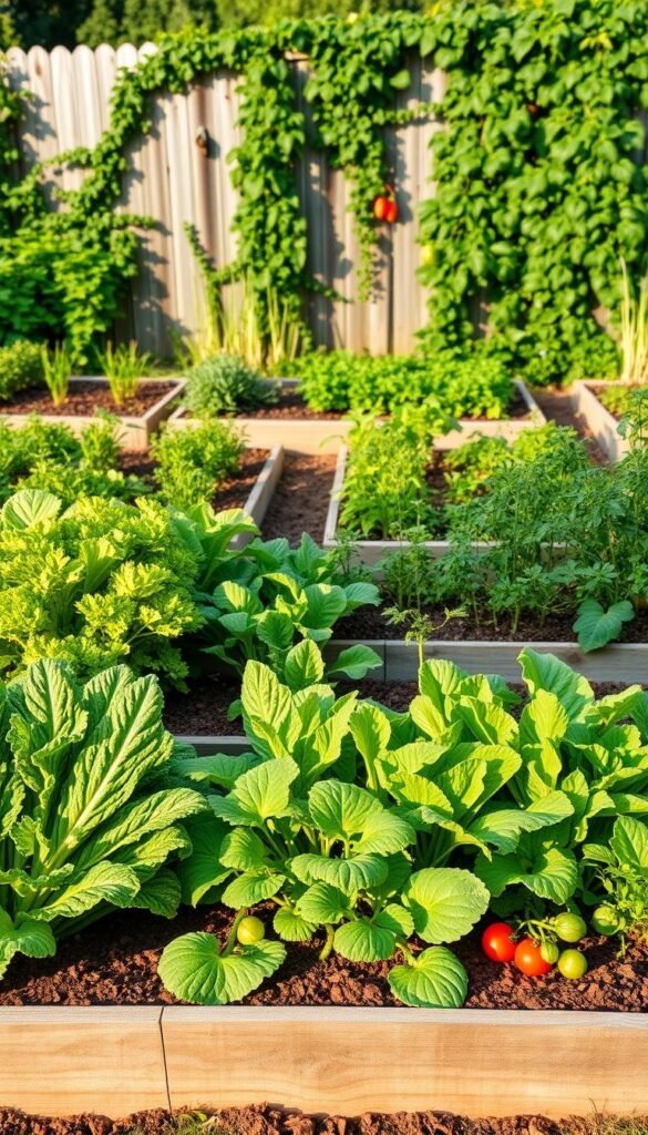 A verdant backyard vegetable garden, bathed in warm afternoon sunlight, with neatly organized raised beds showcasing a variety of flourishing greens, herbs, and root vegetables. In the foreground, leafy kale, crisp lettuce, and vibrant tomato plants stand tall, their colors popping against the rich, loamy soil. The middle ground reveals orderly rows of carrots, beets, and zucchini, while the background features a rustic wooden fence enveloped in cascading vines. The scene exudes a sense of abundance and tranquility, inviting the viewer to envision the perfect layout for their own bountiful backyard oasis. A verdant backyard vegetable garden, bathed in warm afternoon sunlight, with neatly organized raised beds showcasing a variety of flourishing greens, herbs, and root vegetables. In the foreground, leafy kale, crisp lettuce, and vibrant tomato plants stand tall, their colors popping against the rich, loamy soil. The middle ground reveals orderly rows of carrots, beets, and zucchini, while the background features a rustic wooden fence enveloped in cascading vines. The scene exudes a sense of abundance and tranquility, inviting the viewer to envision the perfect layout for their own bountiful backyard oasis.
